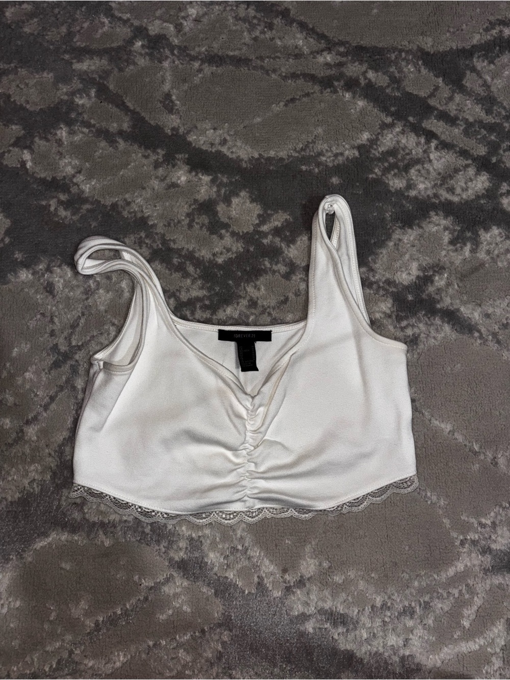 Forever 21 White Ruched Lace-Trim Crop Top